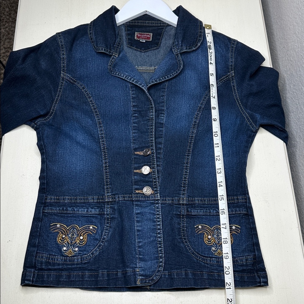 Vintage Valentino‎ Blue Denim 3 Button Blazer Style Embroidered Jean Jacket L - Picture 9 of 10